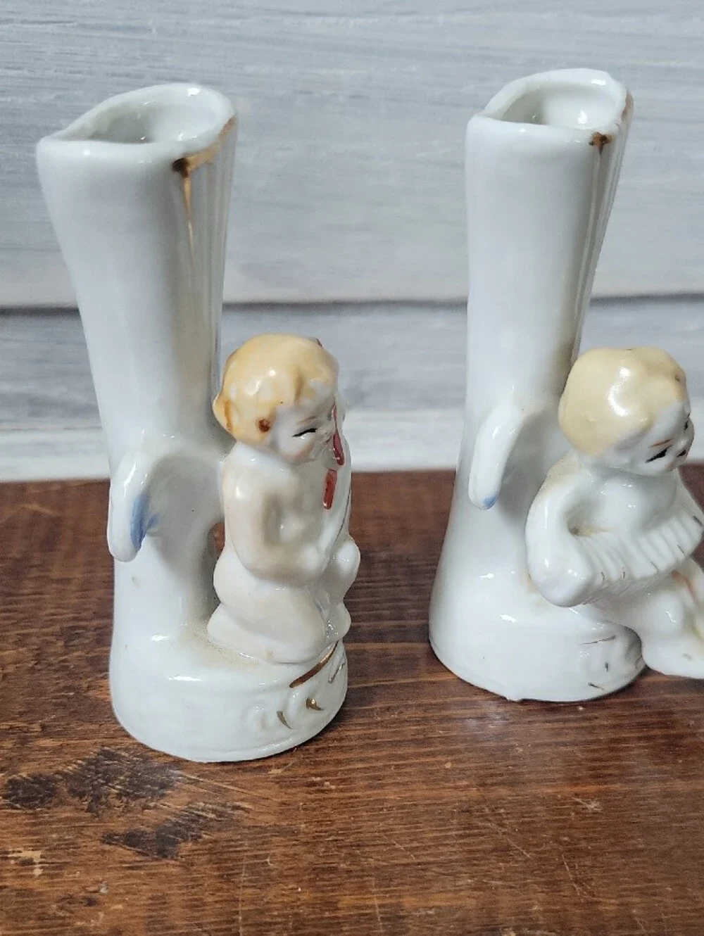 Vintage Mid Century Porcelain Cherub Angel Musician Bud Vases Japan